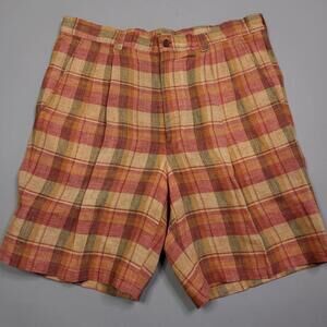 Vintage Gitman Bros Plaid Linen Pleated Shorts Made In Italy Preppy Starch 36